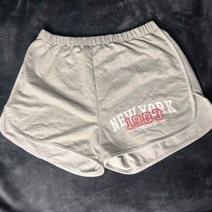 Small, grey, shorts, red and white lettering